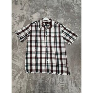 Quiksilver Mens Plaid Short Sleeve Button Up‎ Shirt M M M White Burgundy Green